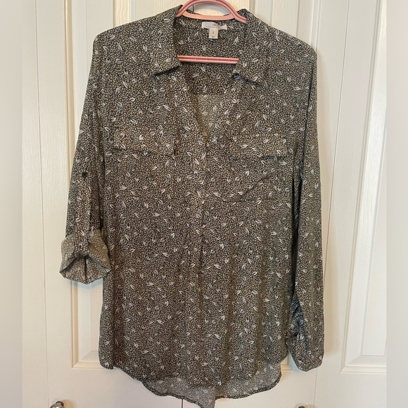 Camber & Grace Green Leaf Roll-Sleeve Blouse Size L - Picture 1 of 4